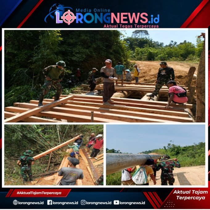 Satgas Pamtas RI-Malaysia Yonarmed 19/Bogani Bersama Warga Gotong Royong Bangun Jembatan Untuk Mempermudah Akses Masyarakat Perbatasan